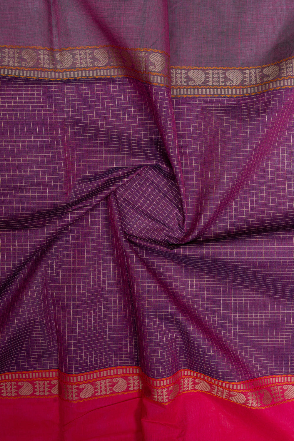 Purple checks rettai pettu pure cotton silk saree