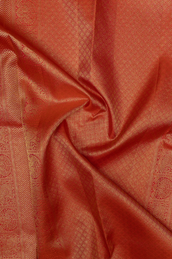 Reddish orange checks  pure Kanchipuram silk saree