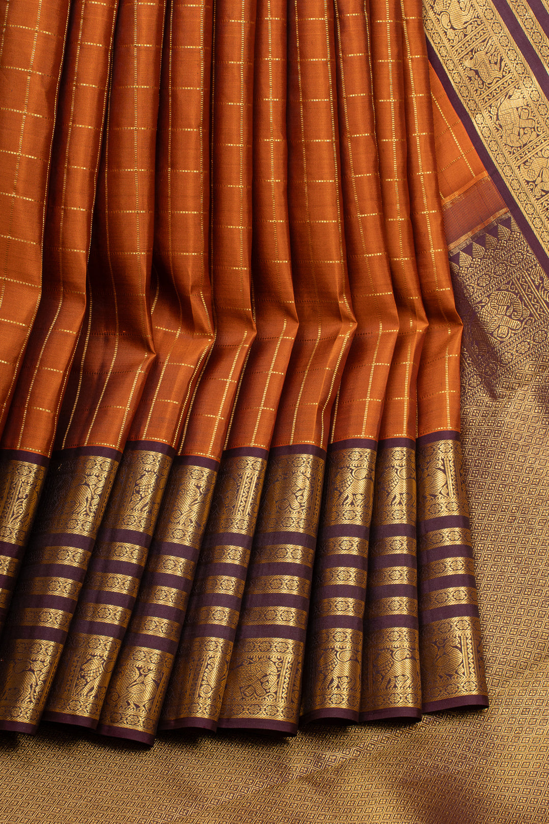 Mustard zari checks pure kanchipuram silk saree
