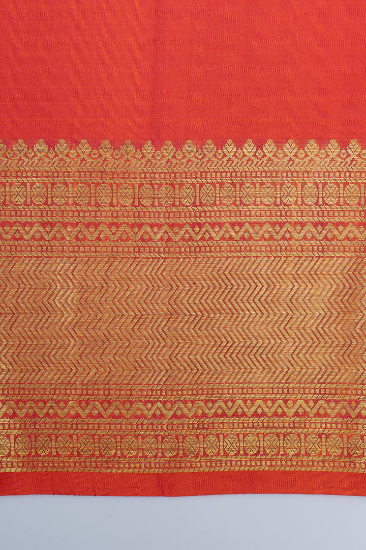 Reddish orange checks  pure Kanchipuram silk saree
