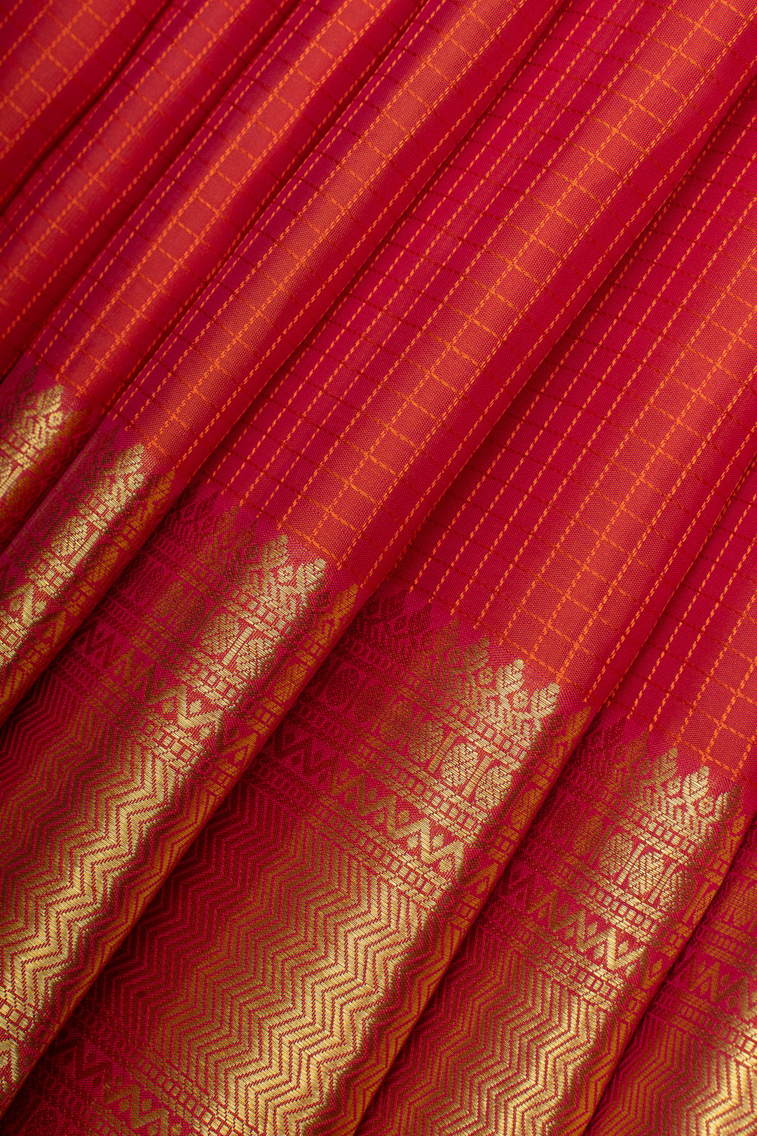 Reddish orange checks  pure Kanchipuram silk saree