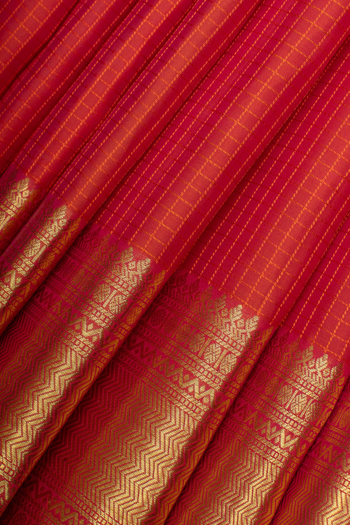 Reddish orange checks  pure Kanchipuram silk saree