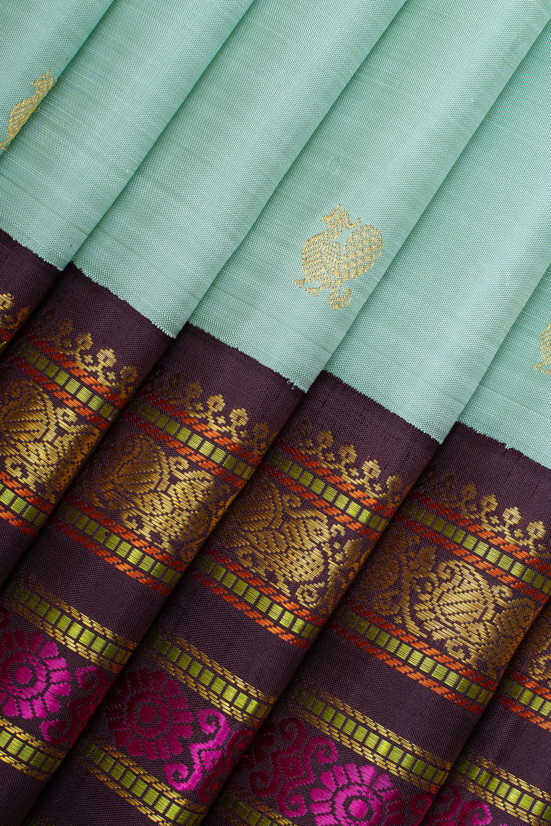 Pastel Blue and brown varisaipettu pure kanchipuram silk saree