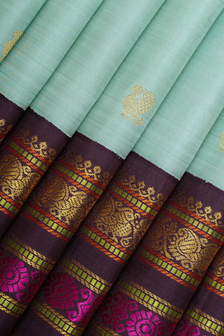 Pastel Blue and brown varisaipettu pure kanchipuram silk saree