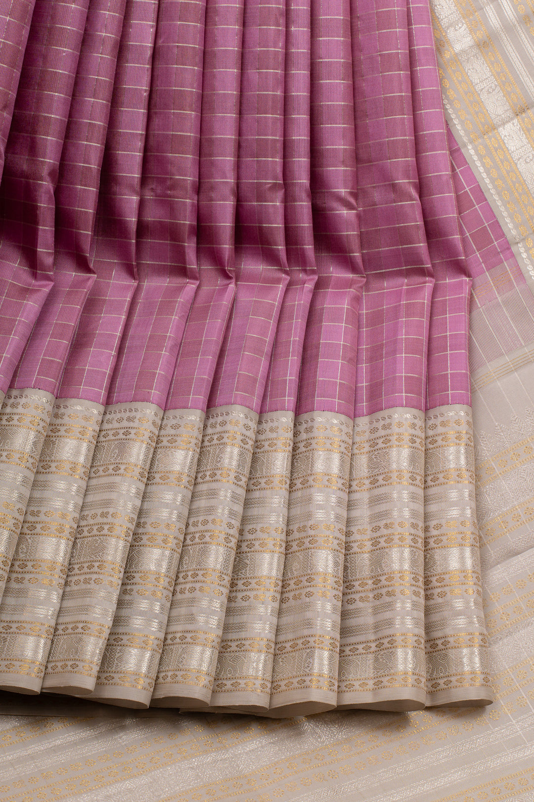 Mauve pink and beige varisaipettu pure kanchipuram silk saree