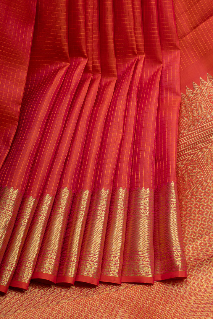 Reddish orange checks  pure Kanchipuram silk saree