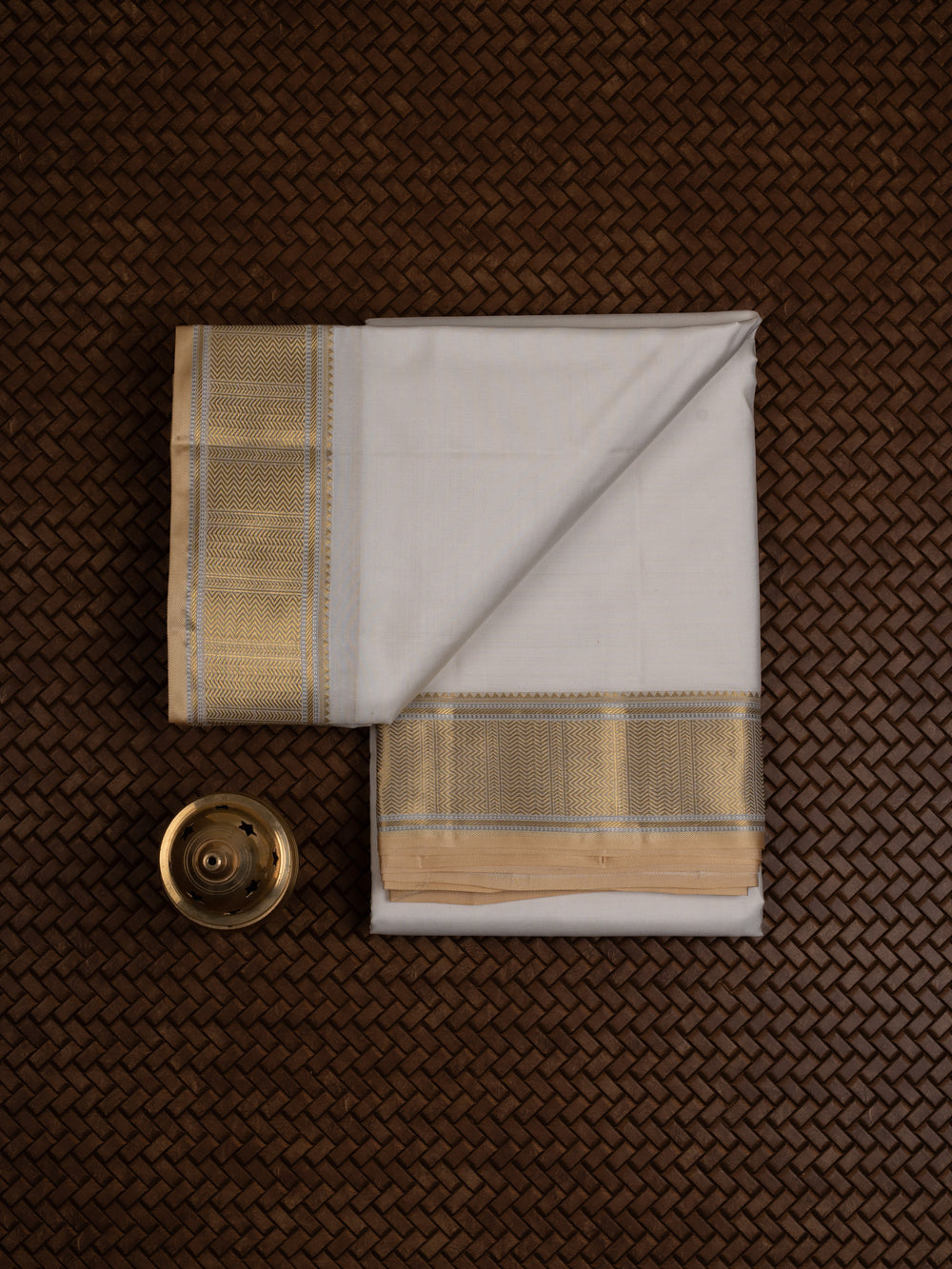 Off white and gold yellow selvedge pure silk dhoti