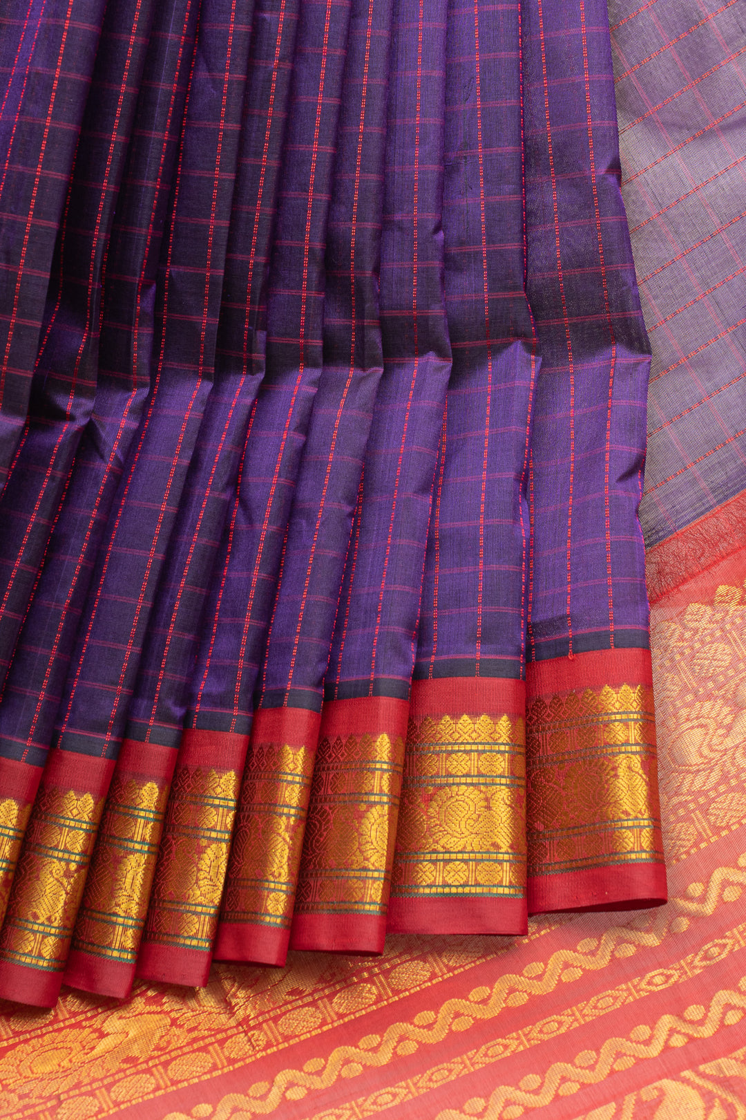 Purple and red checks  pure silk cotton saree