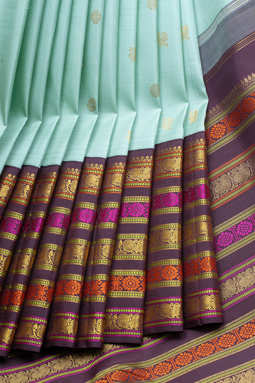 Pastel Blue and brown varisaipettu pure kanchipuram silk saree