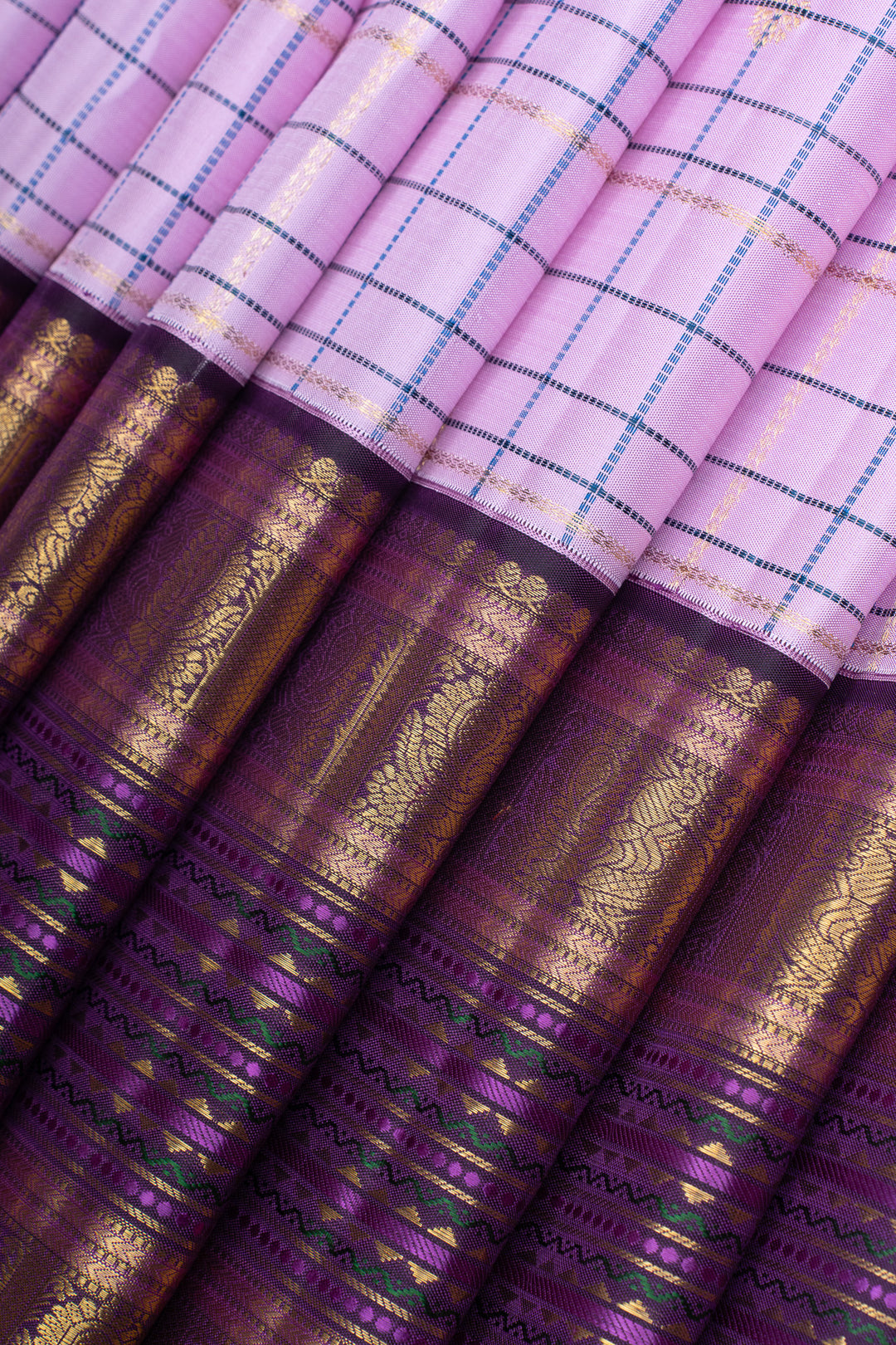 Lilac and purple Zari checks pure kanchipuram silk saree