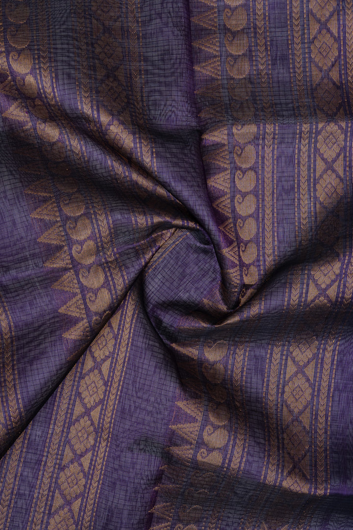 Off white and jamun purple checks pure silk cotton saree