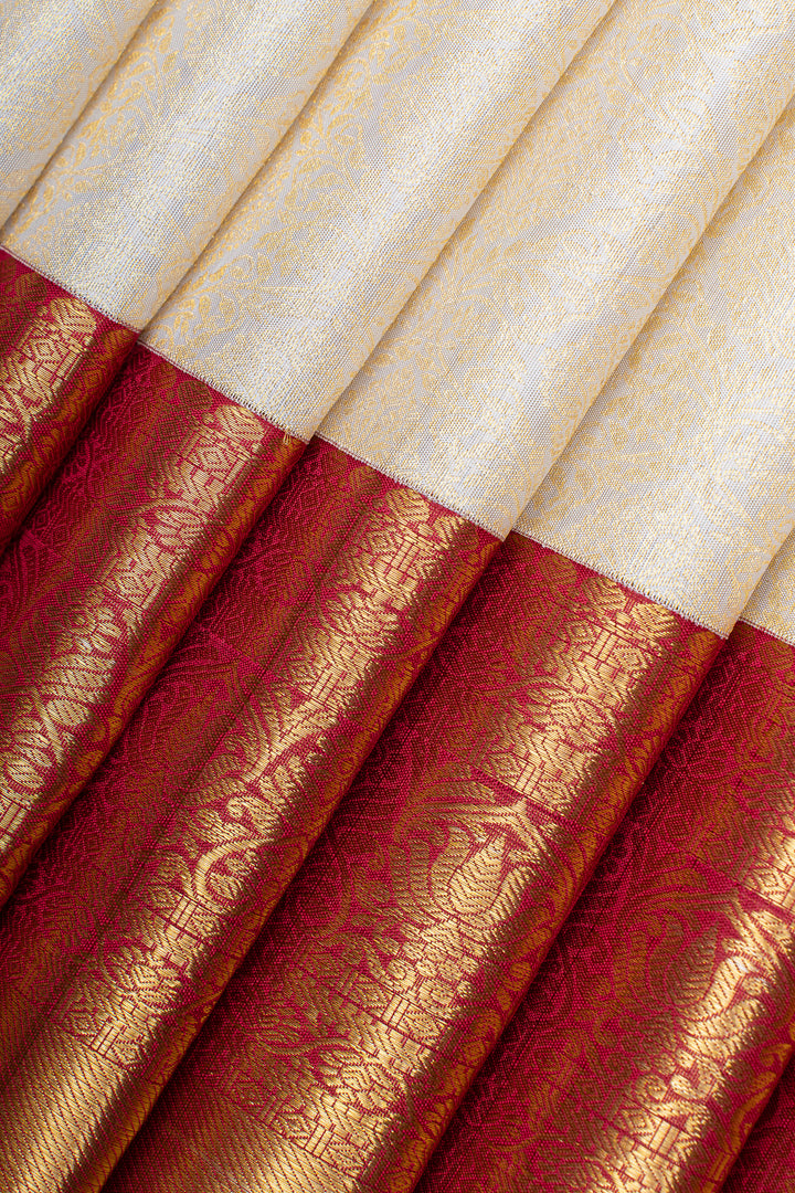Ivory and red floral brocade pure kanchipuram silk saree