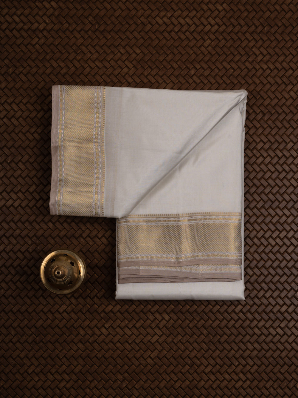 Off white and gold khaki selvedge   pure silk dhoti