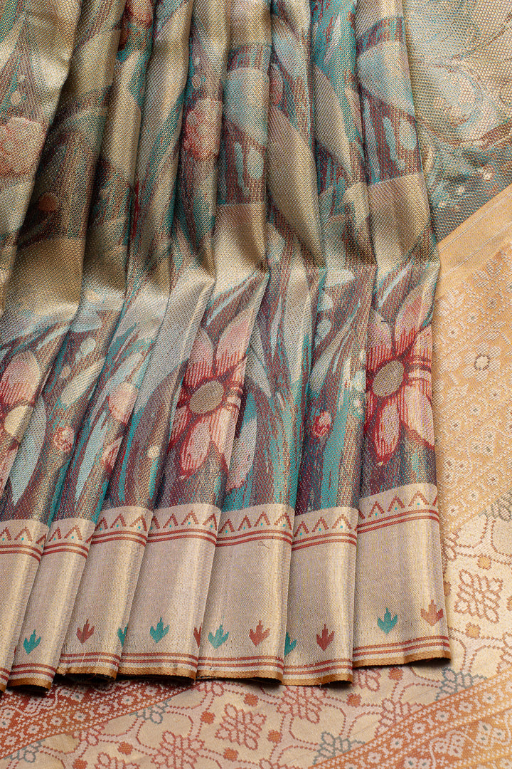 Light blue floral  pure designer kanchipuram silk saree