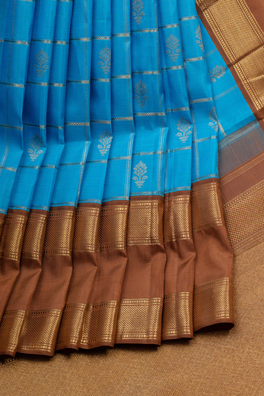 Vintage blue and khaki Jamdani pure kanchipuram silk saree