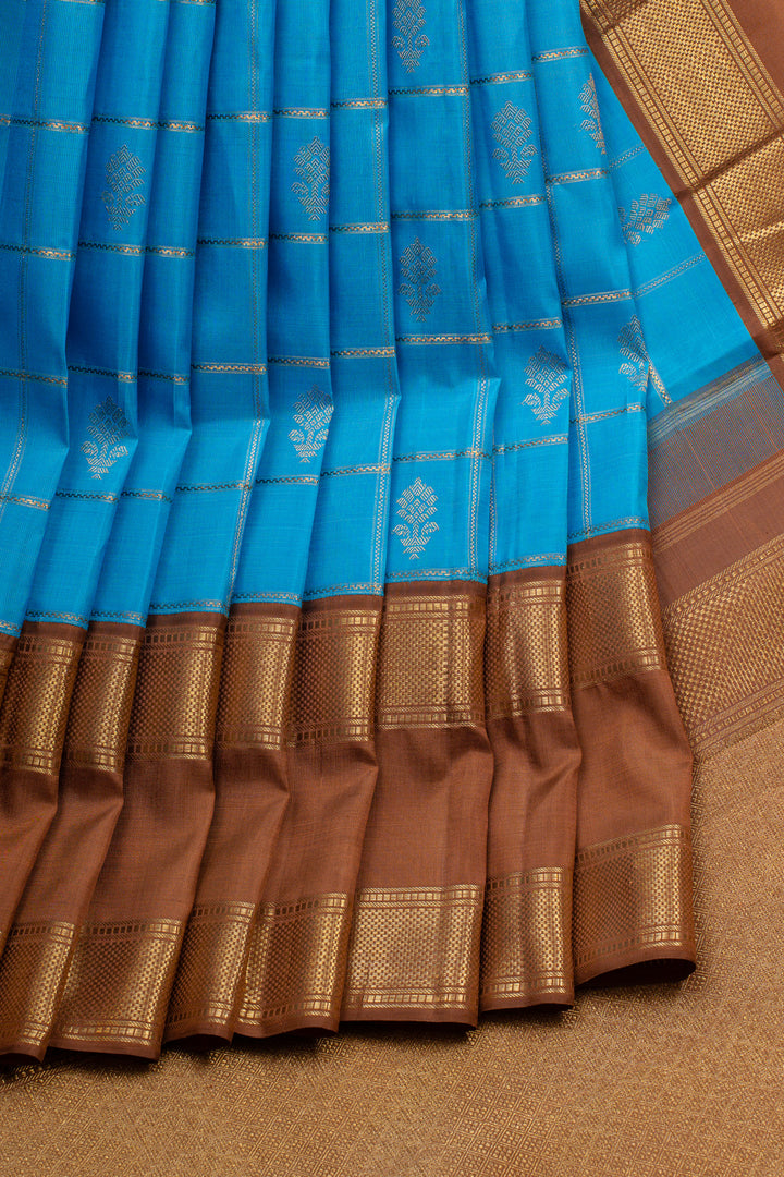 Vintage blue and khaki Jamdani pure kanchipuram silk saree