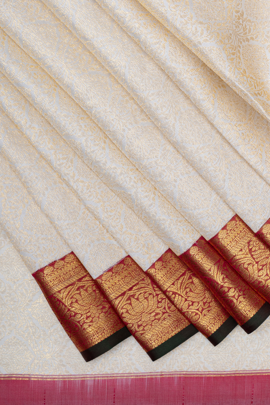Ivory and red floral brocade pure kanchipuram silk saree