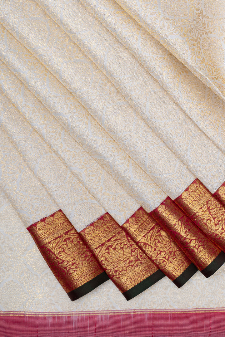 Ivory and red floral brocade pure kanchipuram silk saree