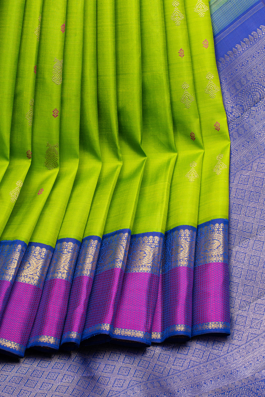 Parrot green and purple traditional pure kanchipuram silk saree