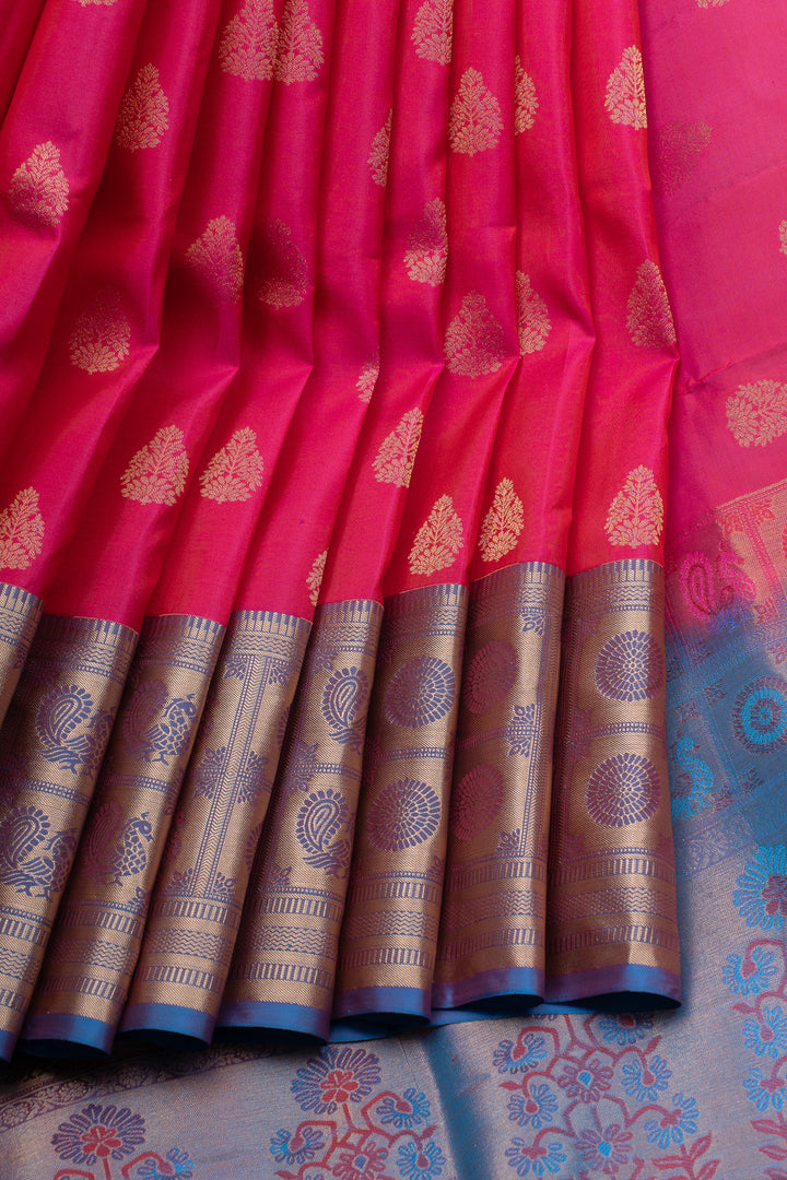 Pink and blue traditional pure soft silk saree