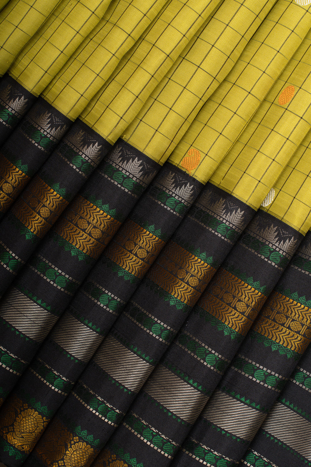 Lime green threadwork pure kanchipuram silk saree