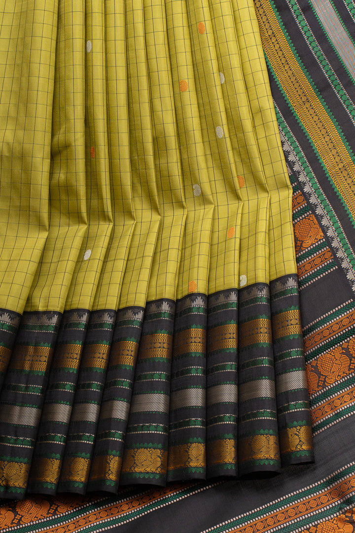 Lime green threadwork pure kanchipuram silk saree