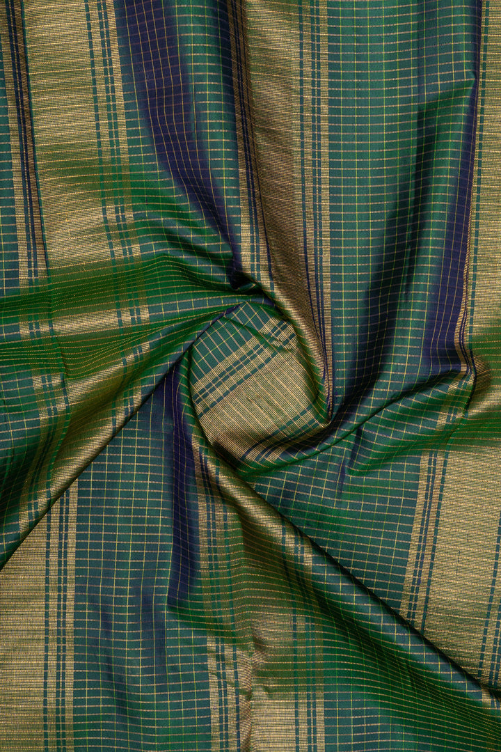 Yellow and peacock green Zari checks  pure kanchipuram silk saree