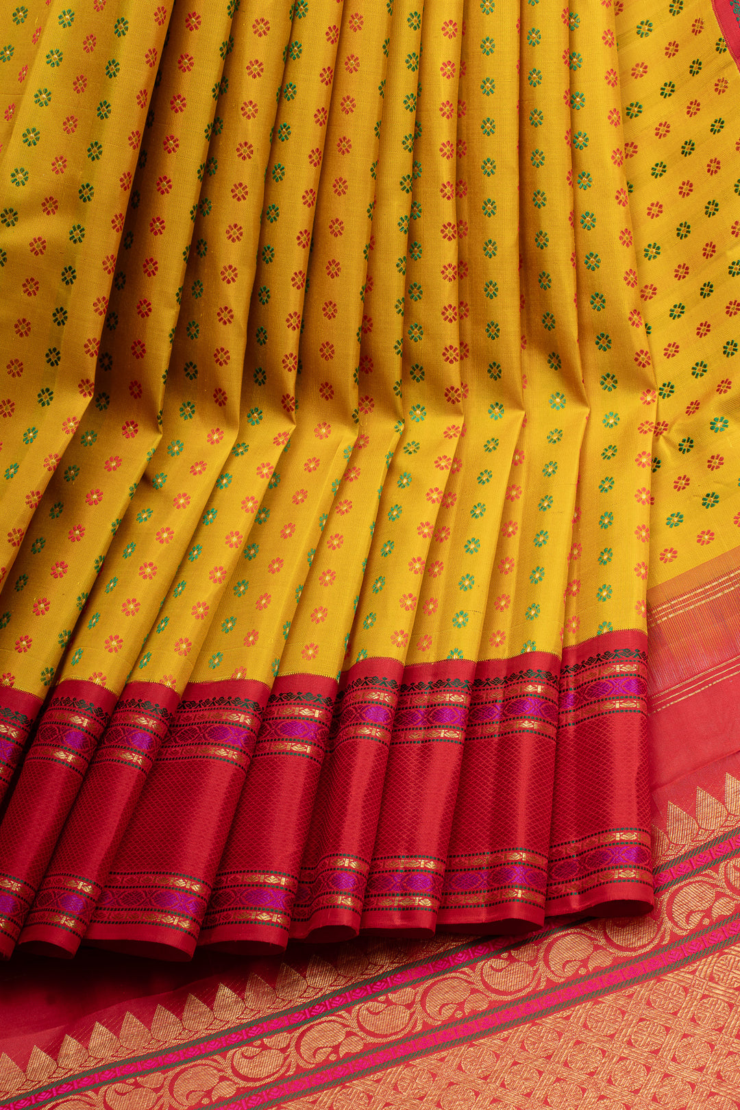 Golden yellow minakari pure kanchipuram silk saree