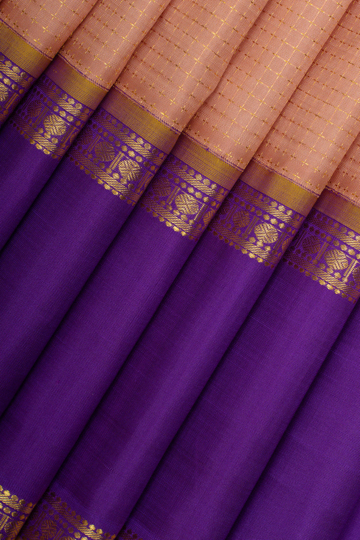 Peach and purple zari checks pure kanchipuram silk saree