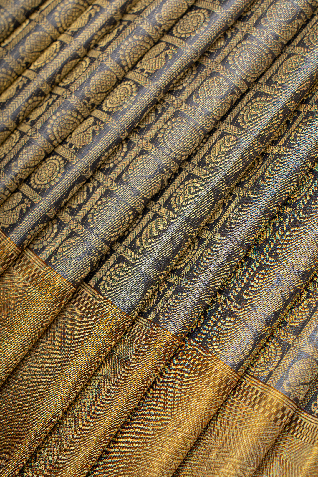 Grey and gold brocade pure Kanchipuram  silk saree