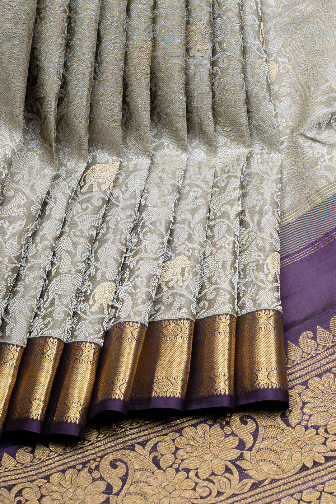Grey vanasingaram thread brocade pure kanchipuram silk saree