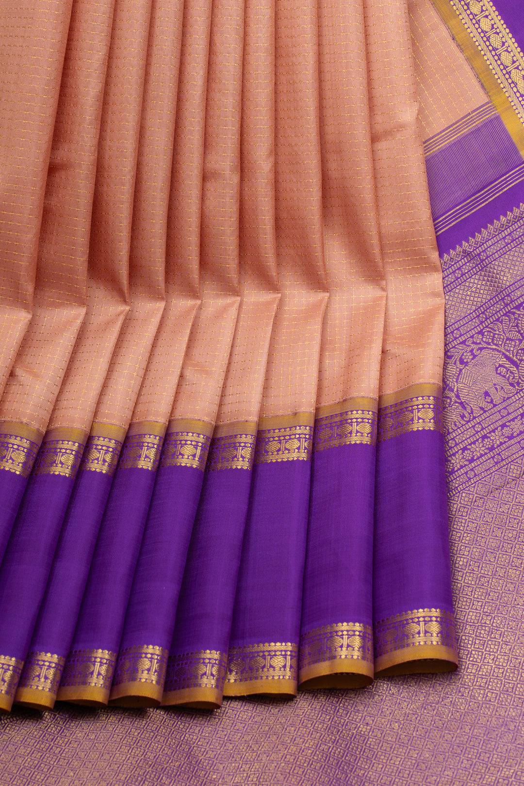Peach and purple zari checks pure kanchipuram silk saree