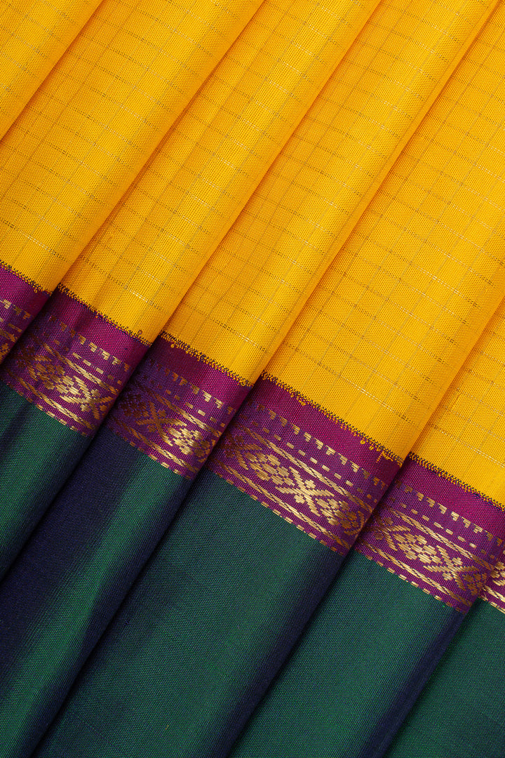 Yellow and peacock green Zari checks  pure kanchipuram silk saree