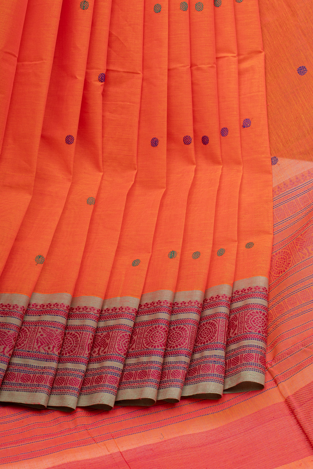 Orange threadwork pure cotton silk saree