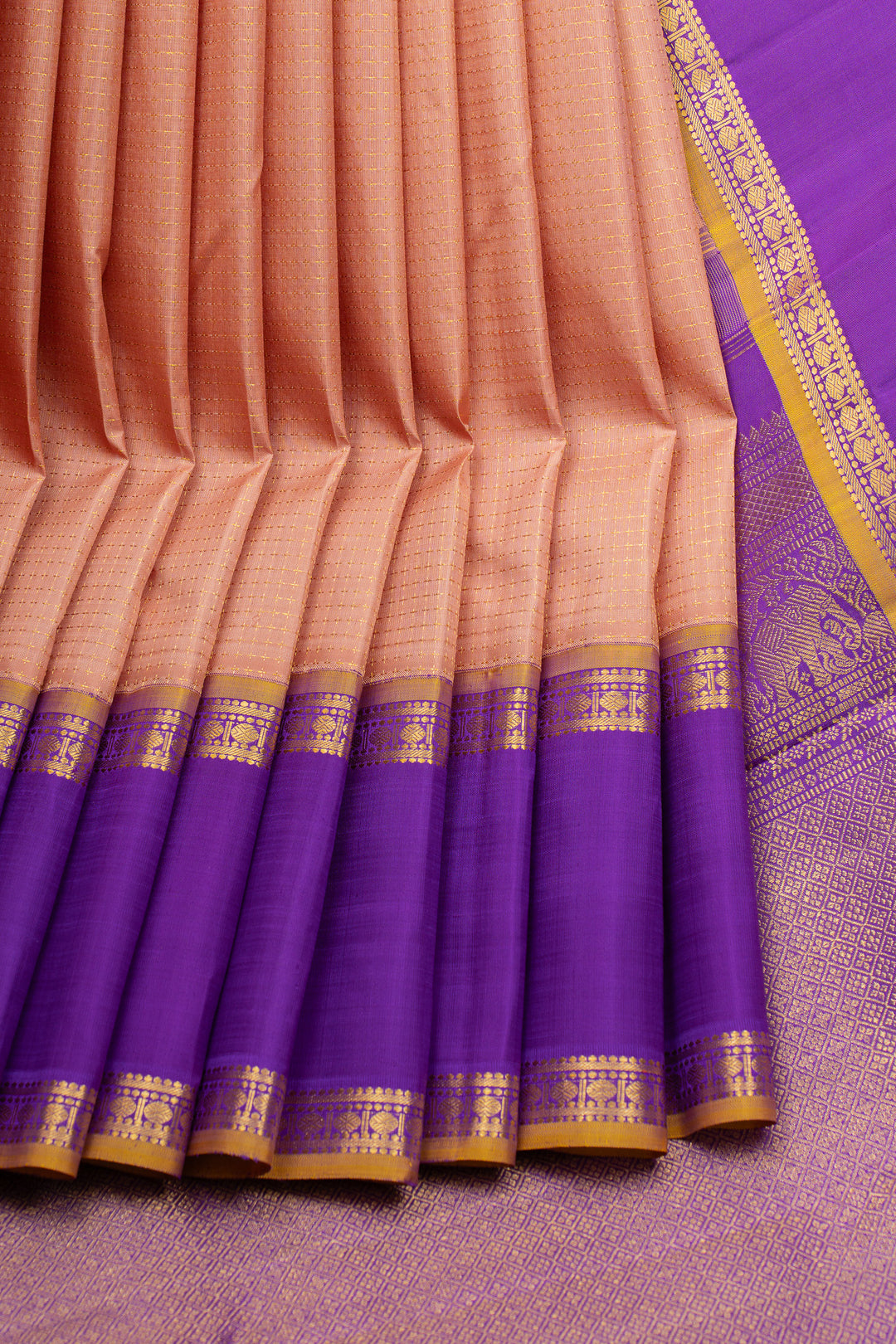 Apricot peach veldhari plus butta  pure kanchipuram silk saree