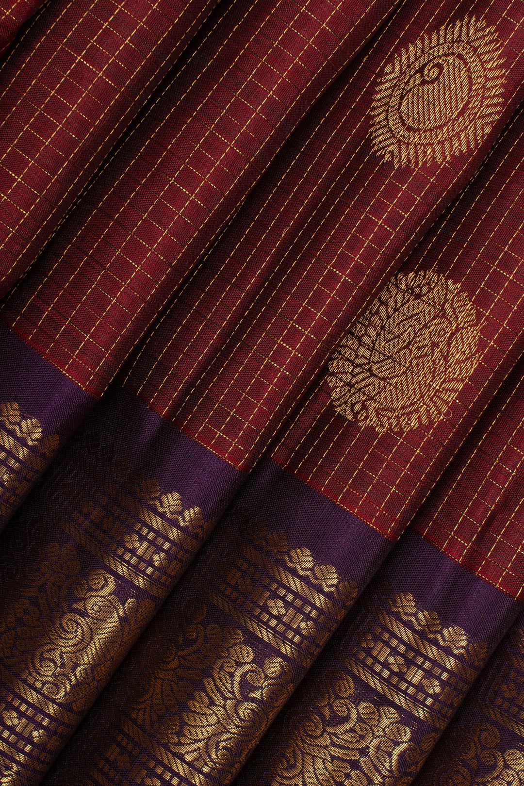 Maroon Zari checks rettai pettu pure kanchipuram silk saree