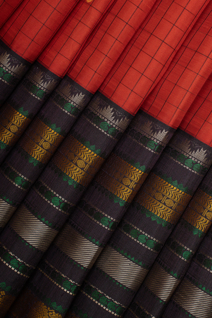 Red and black threadwork pure kanchipuram silk saree