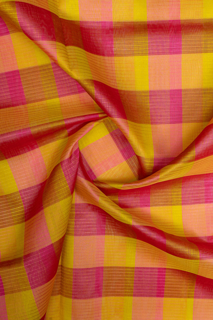 Pink and yellow checks  pure kanchipuram silk saree