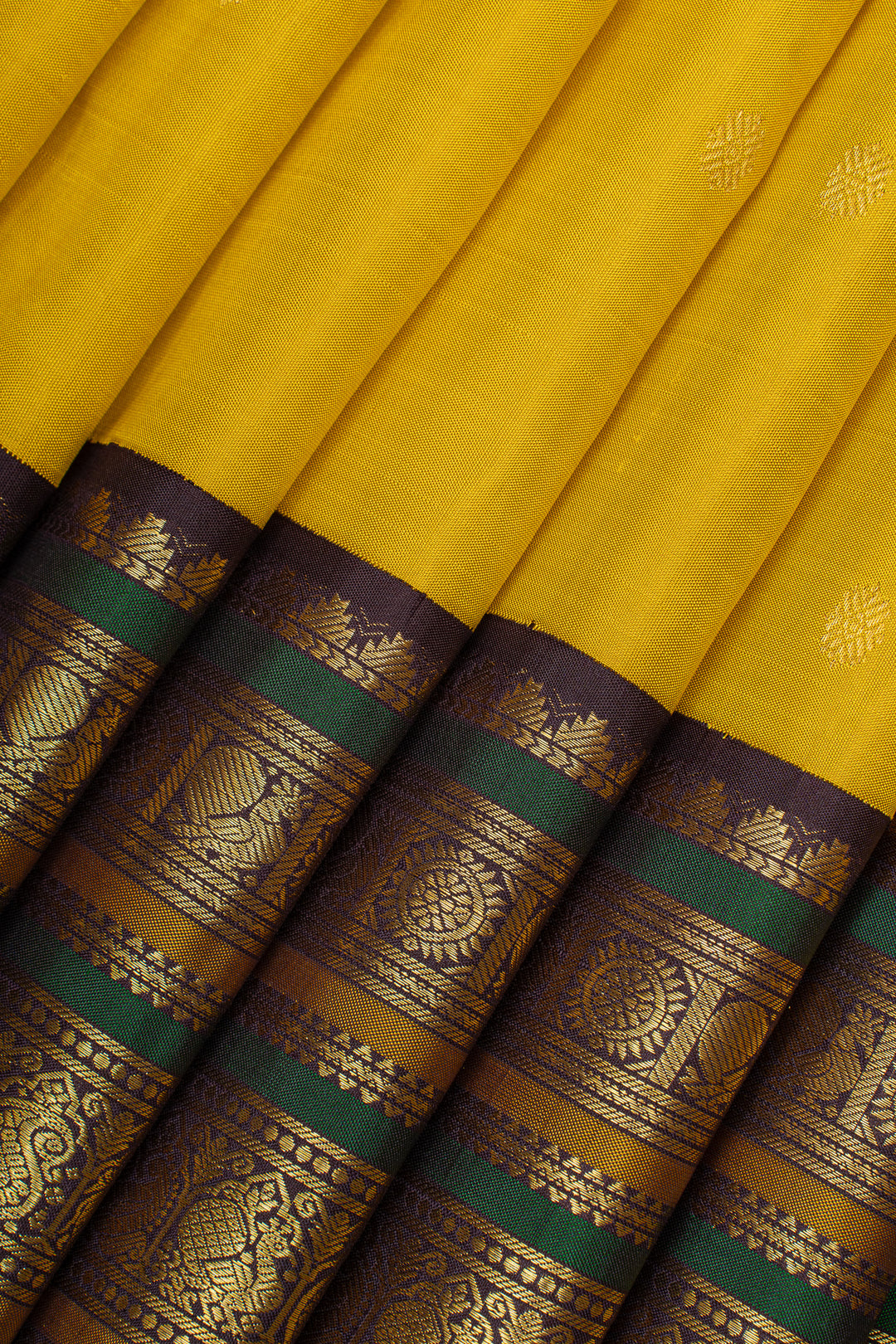 Yellow and brown varisaipettu pure kanchipuram silk saree