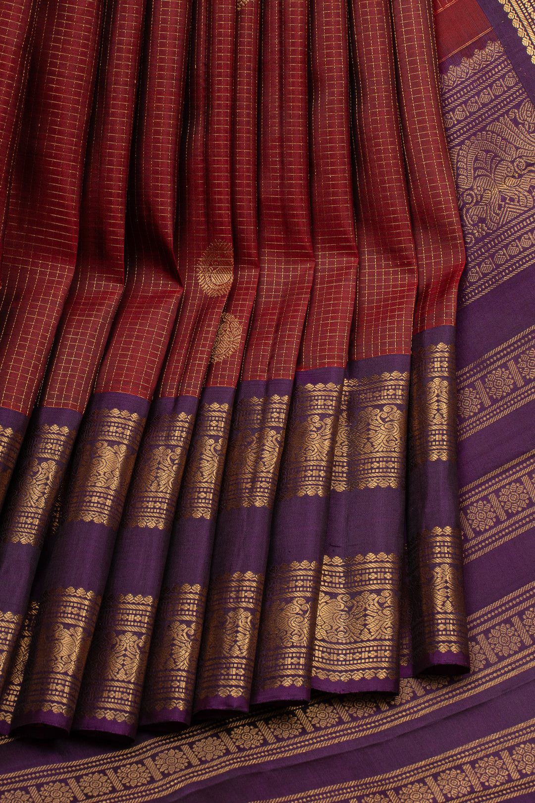 Maroon Zari checks rettai pettu pure kanchipuram silk saree