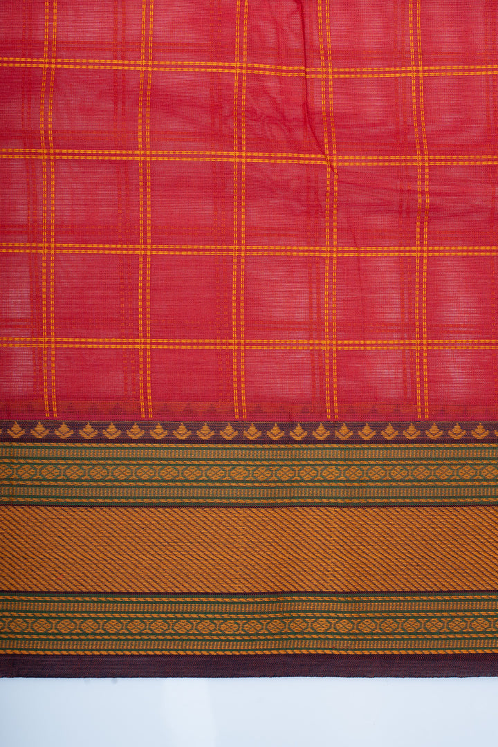 Peach thread checks pure cotton silk saree