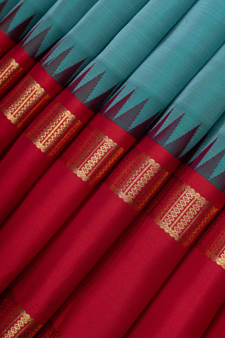 Sky blue and red traditional pure kanchipuram silk saree