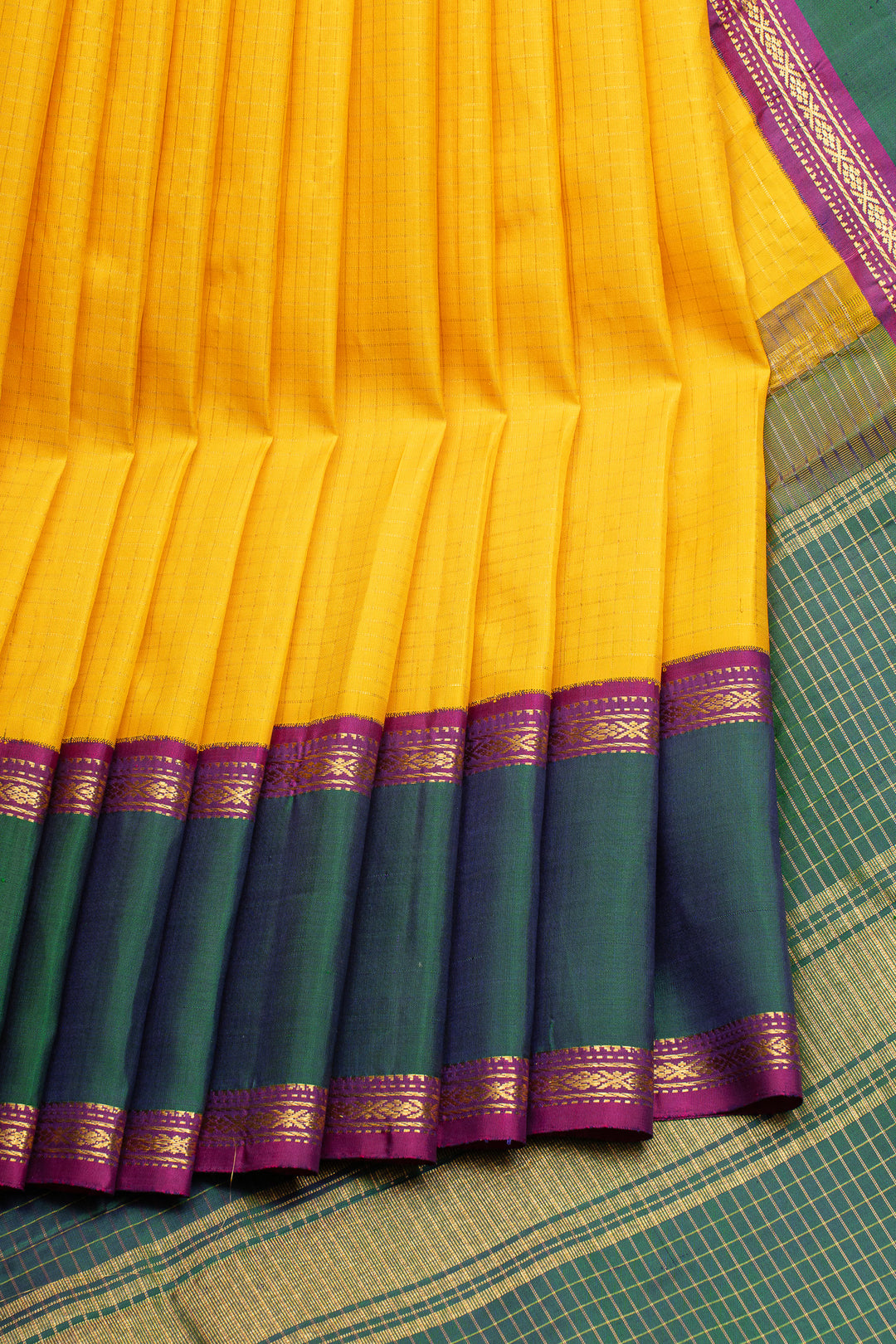 Yellow and peacock green Zari checks  pure kanchipuram silk saree