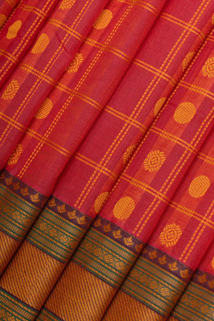 Peach thread checks pure cotton silk saree