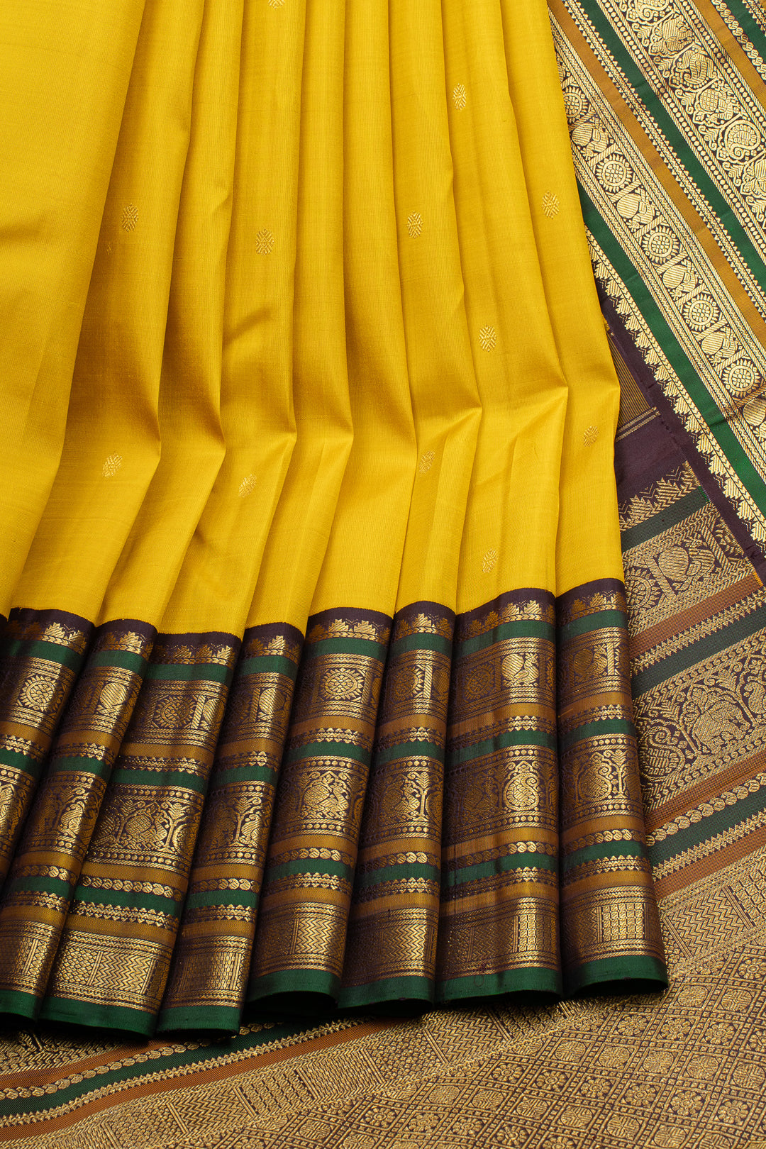 Yellow and brown varisaipettu pure kanchipuram silk saree