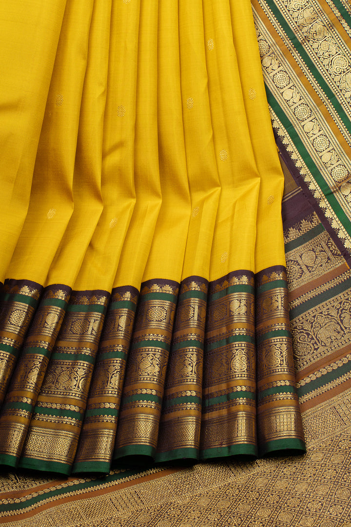 Yellow and brown varisaipettu pure kanchipuram silk saree