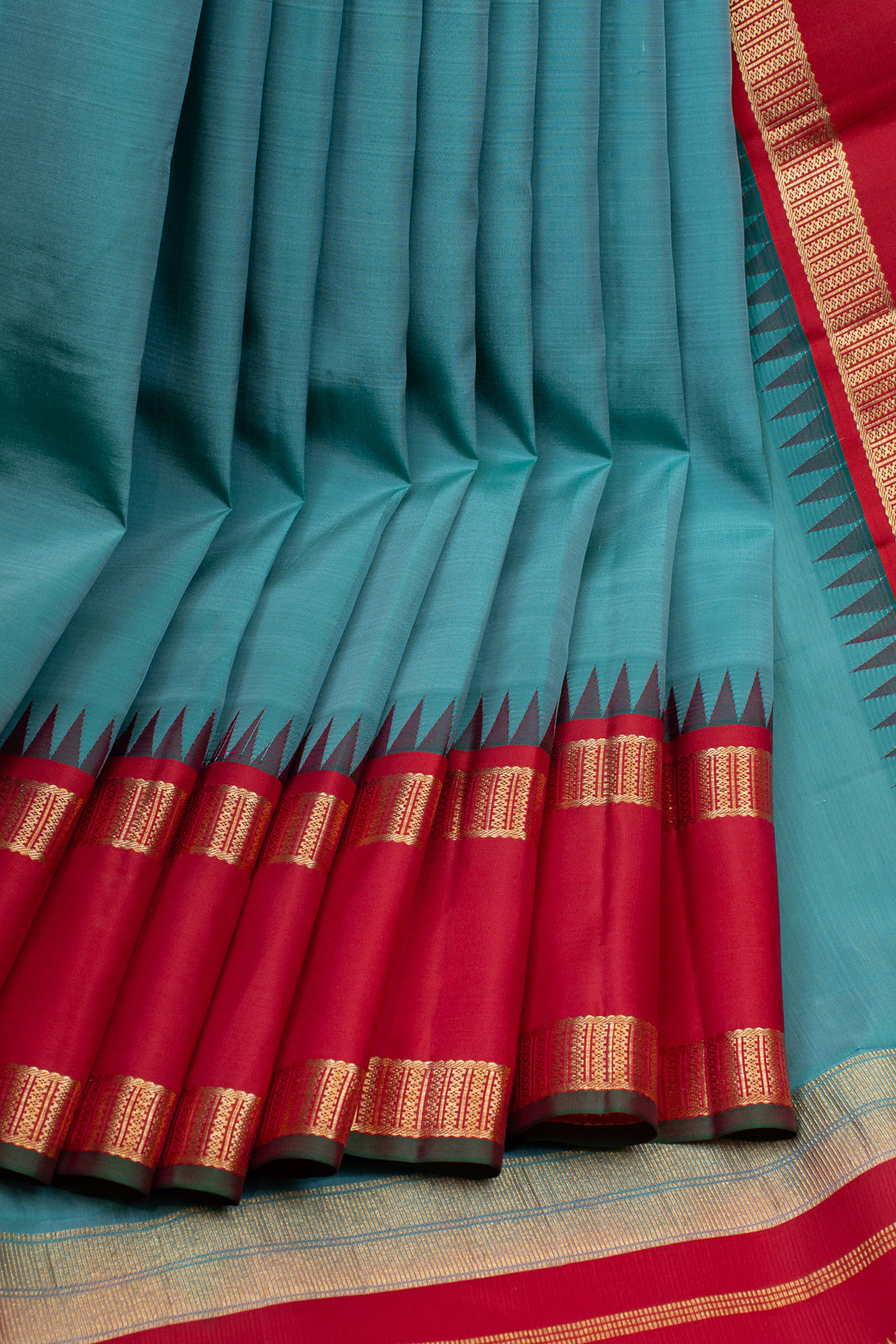 Sky blue and red traditional pure kanchipuram silk saree