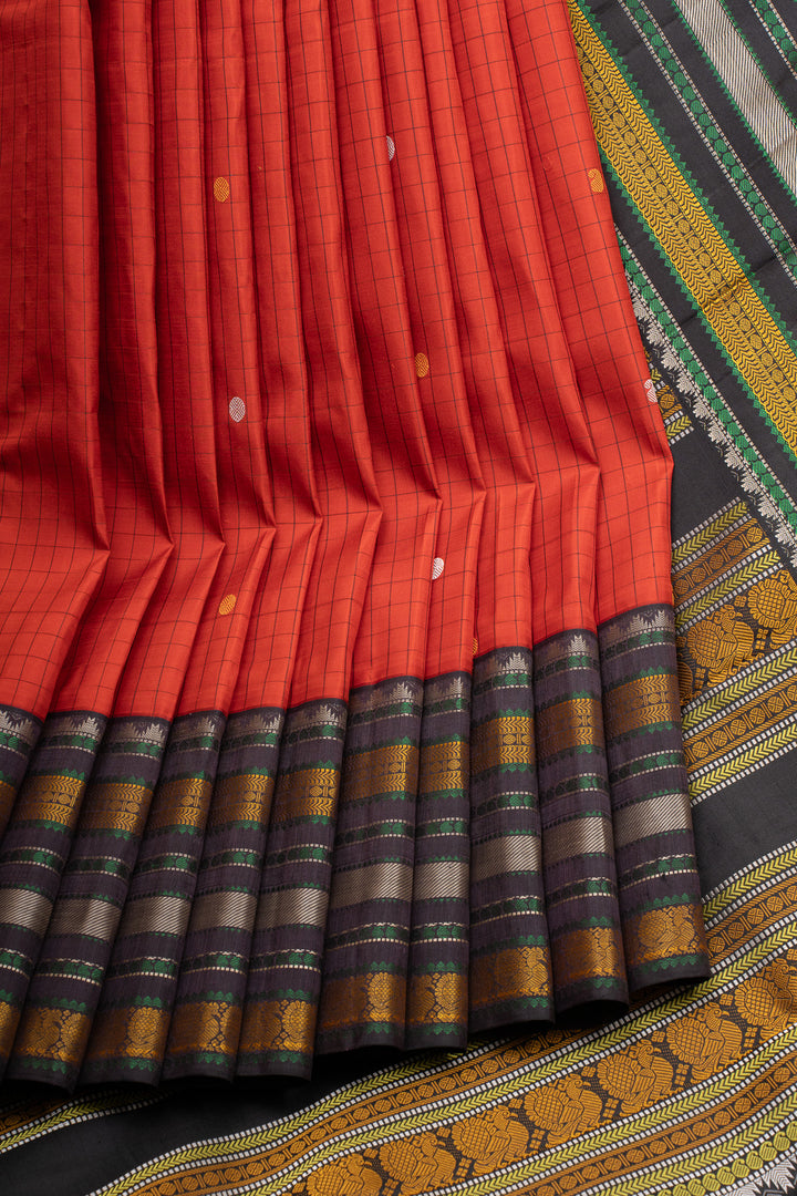 Red and black threadwork pure kanchipuram silk saree