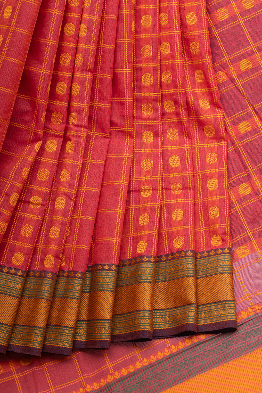 Peach thread checks pure cotton silk saree