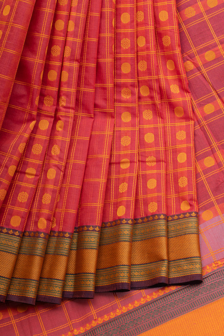 Peach thread checks pure cotton silk saree